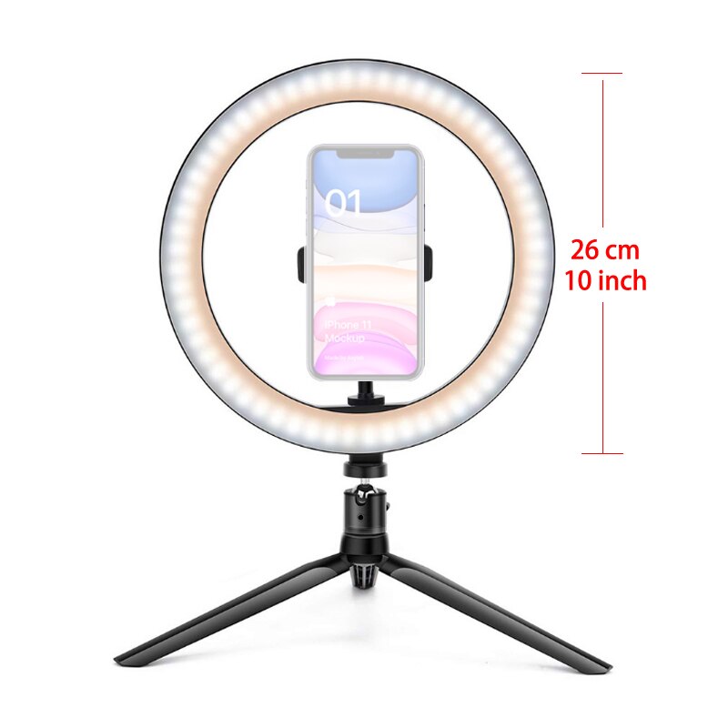 10 polegada led câmera de maquiagem selfie anel luz com suporte do telefone suporte grande fotografia luz anel lâmpada pode ser escurecido tripé para fotos: 26 cm-tripod