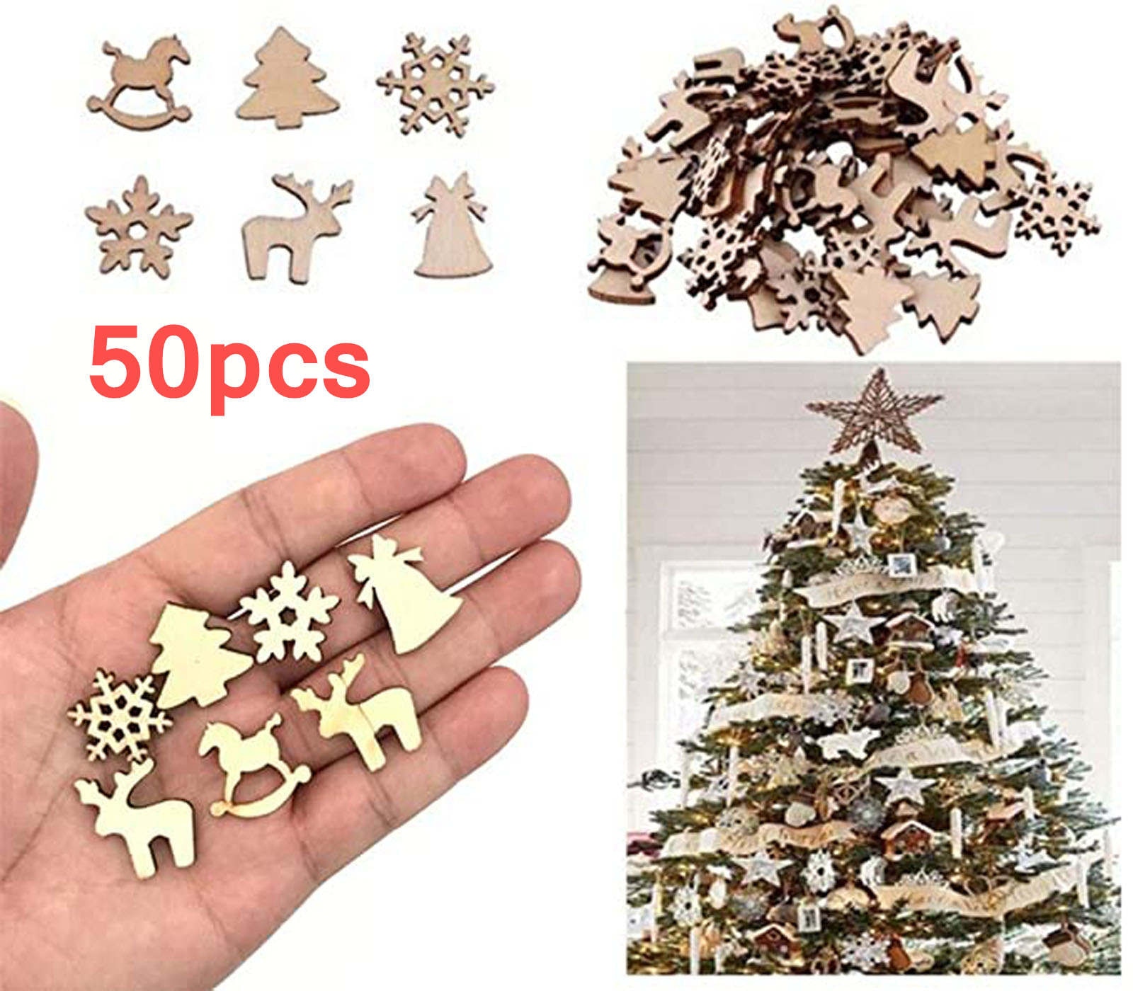 50Pcs Diy Craft Kerst Ornamenten Xmas Hout Chip Opknoping Ornamenten Decor Kerstboomversiering Kerst Decoratie