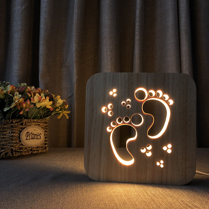 Led Creatieve Usb Nachtlampje Houten Hond Poot Kat Wolf Head Animal Lamp Novelty Kids Slaapkamer 3D Decoratie Tafellamp kinderen Gif