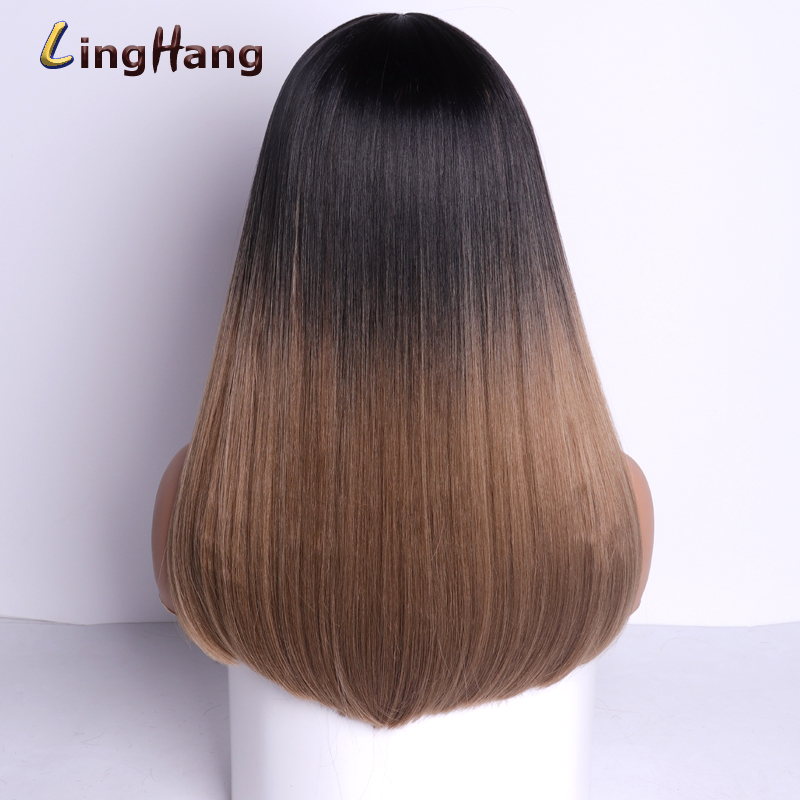 LISI CAPELLI Medio Parrucca Capelli Lisci con Frangetta Miscela Ad Alta Temperatura Dei Capelli Sintetica Resistente Bianco/nero Delle Donne