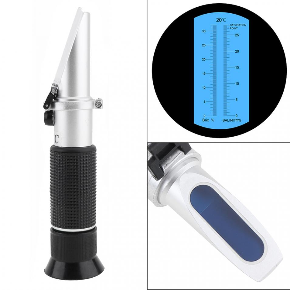 Hand Held 2 In1 0-28% Salinty 0-32%Brix Adjustable Brix & Salt Refractometer with Pipet and Mini Screw Driver Manual Focusing