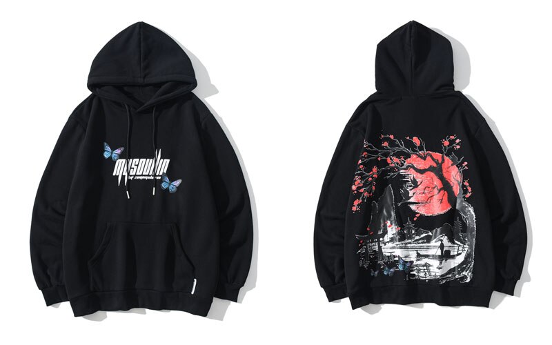 Gonthwid Hoodies Streetwear Hip Hop Chinese Stijl Landschap Vlinder Print Hoody Mannen Harajuku Casual Pullover Tops: Black / L
