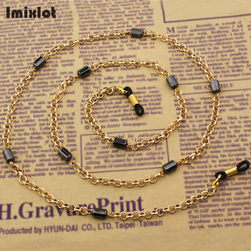 Zonnebrillenkettingen, lanyardriemen, kettingen voor brillen, zwarte metalen kralenkoorden, leesbrillen, brillenaccessoires: Goud