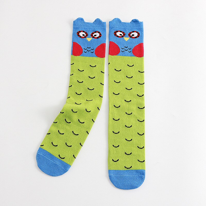 Medias de dibujos animados para niños y niñas, medias a rayas de lunares, búho, animales, hasta la rodilla, novedad de primavera y otoño: Green