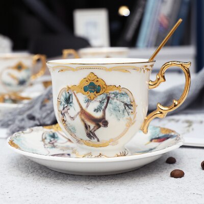 White Jade Porcelain Coffee Cup Set, Home Afternoon Tea Ceramic Coffee Dessert Cup ,Jungle Animal Ceramic Cup: Yellow