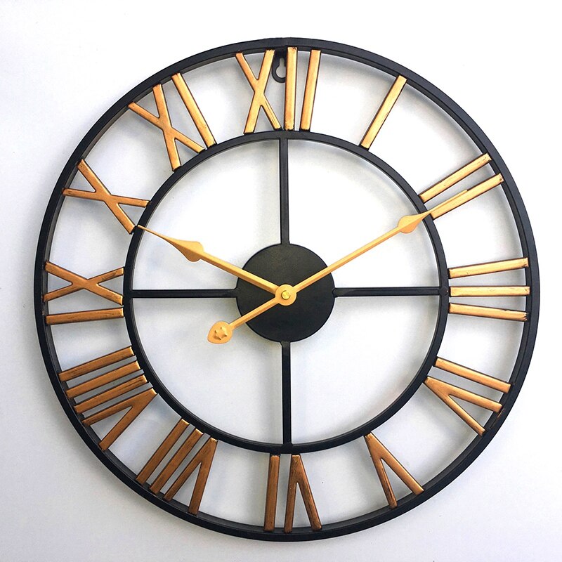 1Pcs Wanddecoratie Smeedijzeren Wekker Retro Wandklok 3D Ronde Romeinse Holle Iron Bar Rustig Decoratieve Muur klok Goud 6