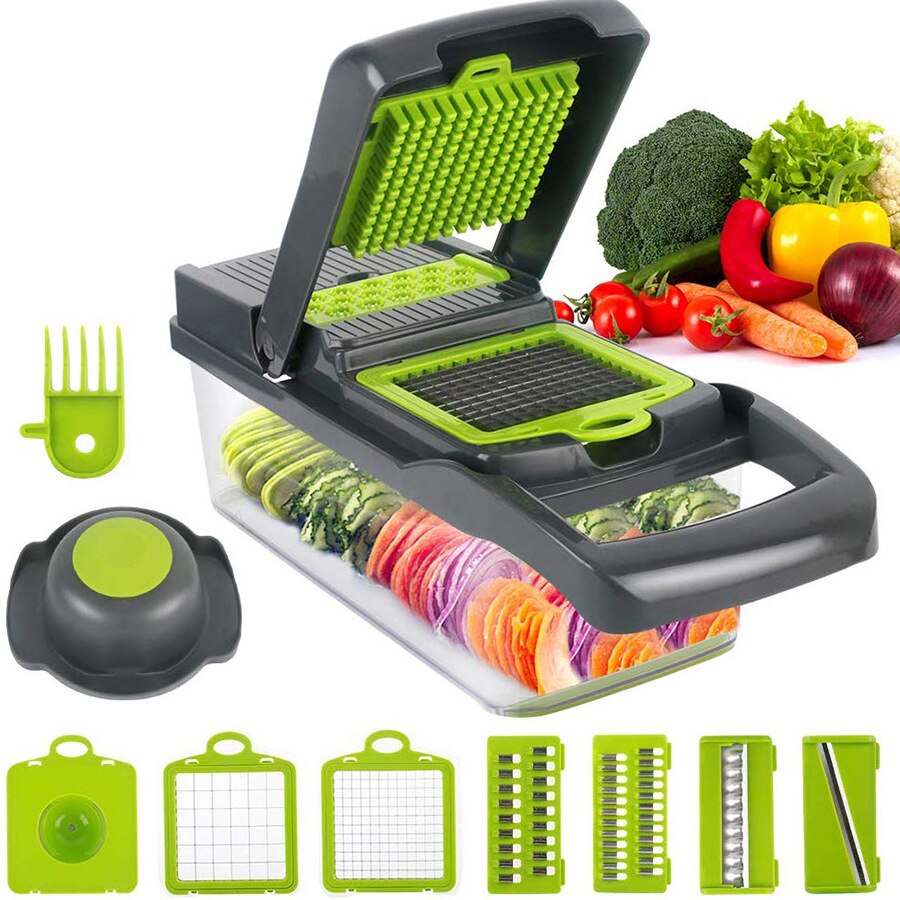 Picadora de verduras con contenedor, rebanador de alimentos, cebollas, patatas y ensaladas, utensilios de cocina, accesorios, artículos para el hogar