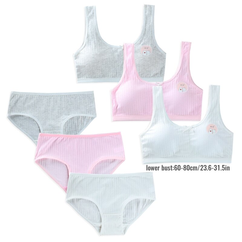 Teens Girls 2Pcs Underwear Set Cute Bear Print Bow Padded Training Bra Panties