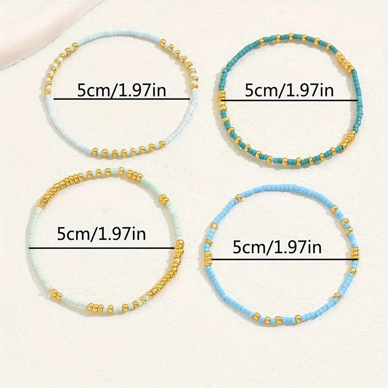 4 Uds. De cuentas de semillas de Color turquesa, conjunto de pulsera elástica, cuentas de cristal de Color dorado bohemio, joyería elástica hecha a mano para vacaciones para niñas