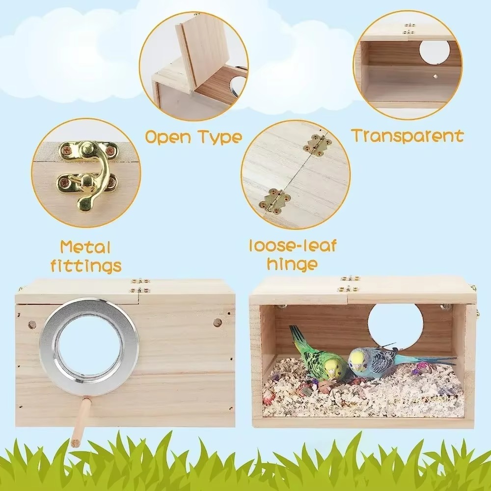 Transparent Parakeet Bird House Nest Easy To Cleaning Solid Wood Parrot House Smooth Edges Bird Breeding Box