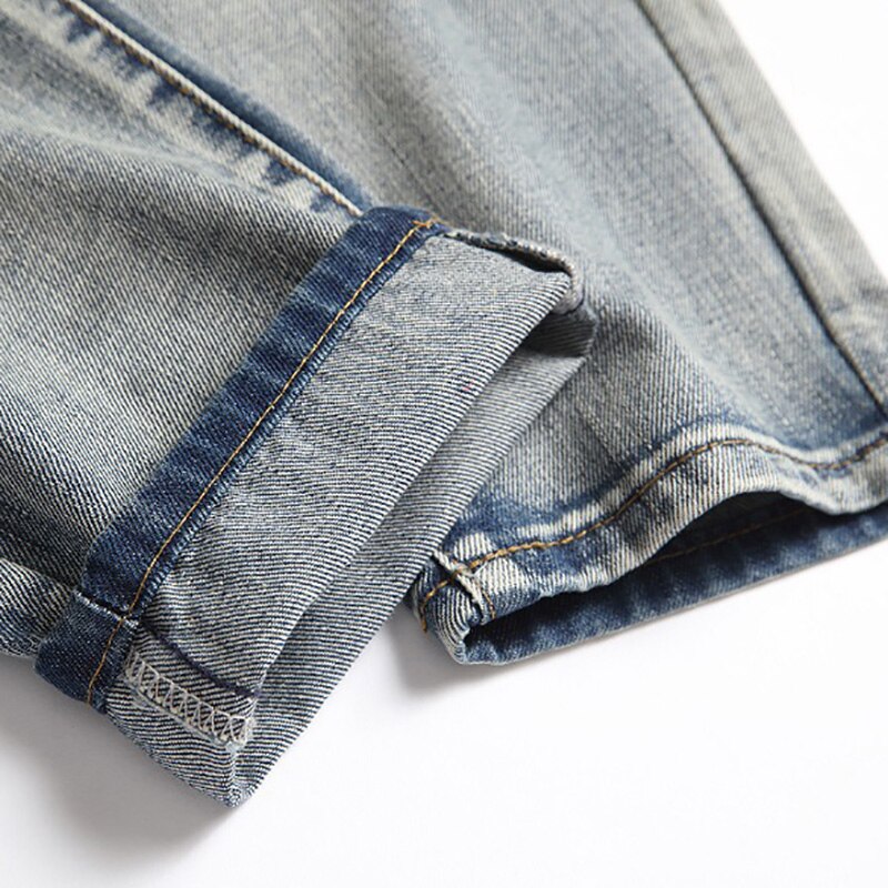 Men Vintage Biker Jeans Streetwear Holes Ripped Distressed Denim Pants Slim Straight Trousers