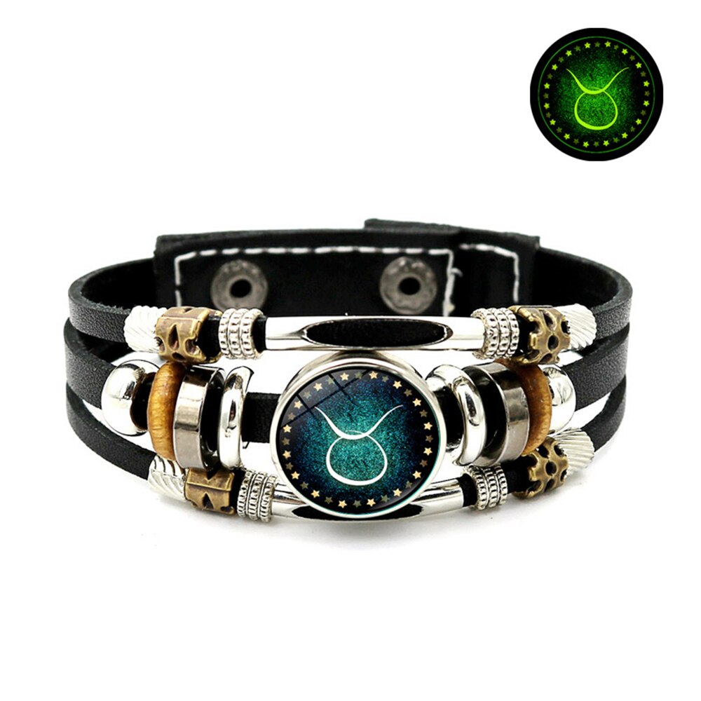 12 Constellation Lichtgevende Armband Voor Mannen Vrouwen Dierenriemtekens Sieraden Multilayer Kralen Leather Bracalet Glow In The Dark