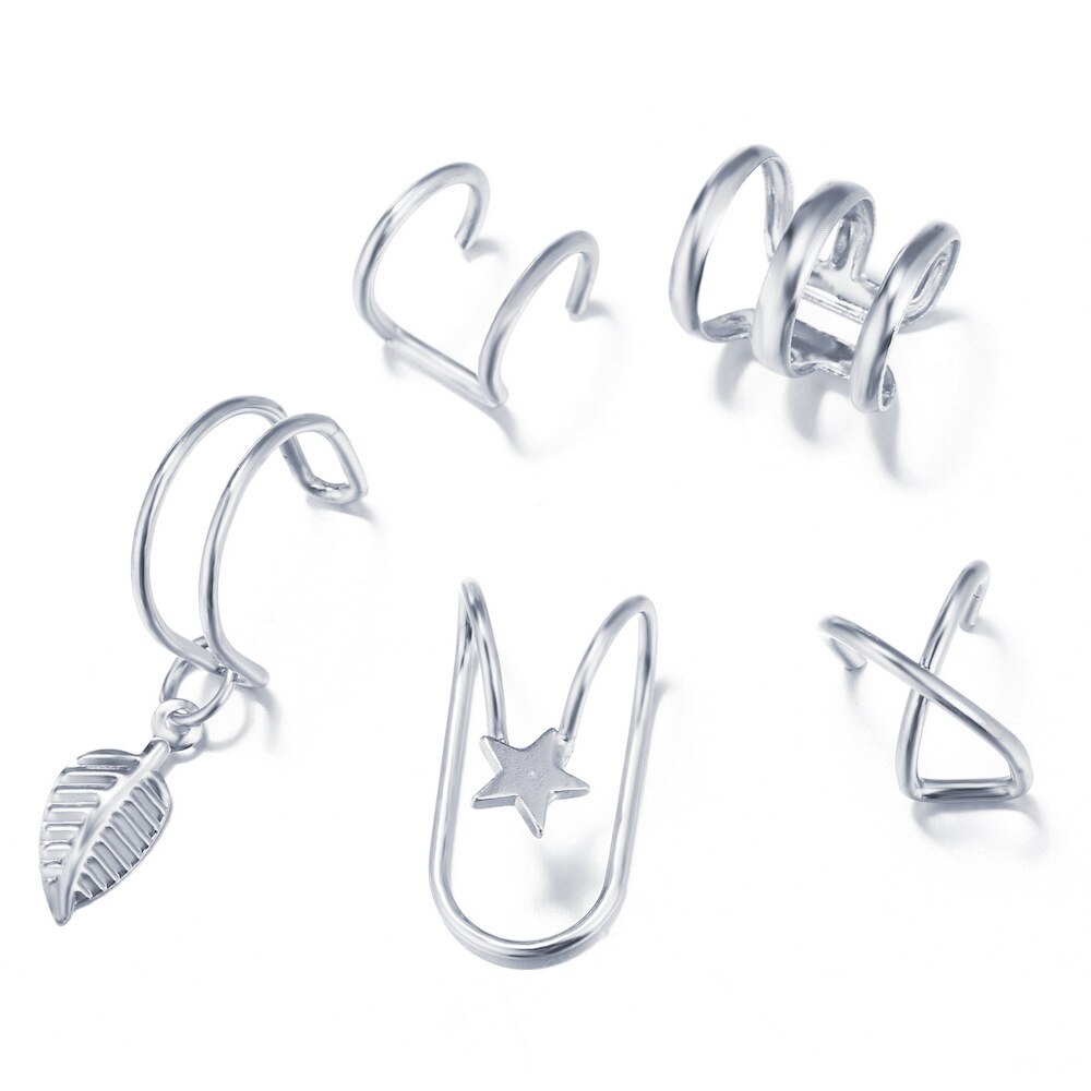 Oor Manchetten 5 Stks/set Mode Oor Manchetten Bladgoud Oor Manchet Clip Oorbellen Voor Vrouwen Klimmers Geen Piercing Nep kraakbeen Earring: Sliver