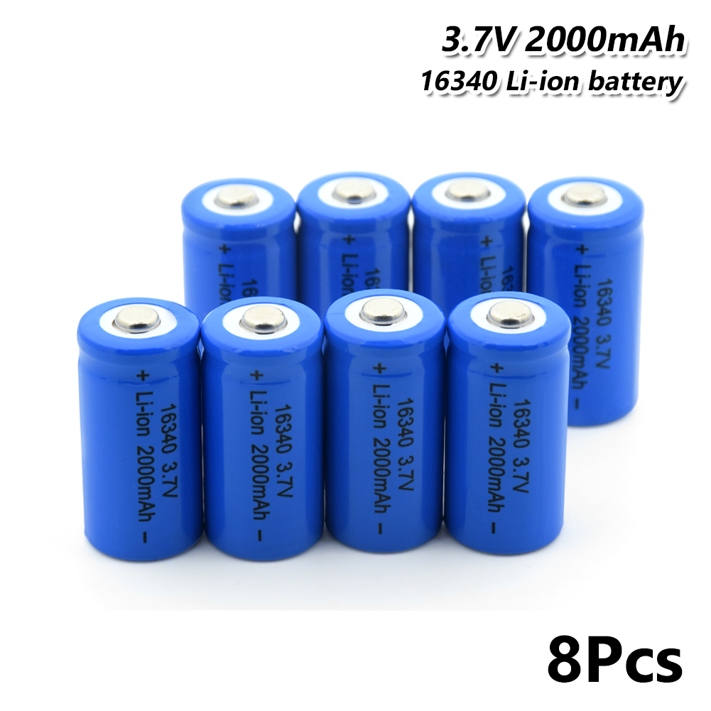 16340 Battery 2000mAh 3.7V Rechargeable li-ion Lipo Li-Po Lithium Cell For Torch Electric Car Toy 2Pcs Torch 16340 Battery: 8 Pcs