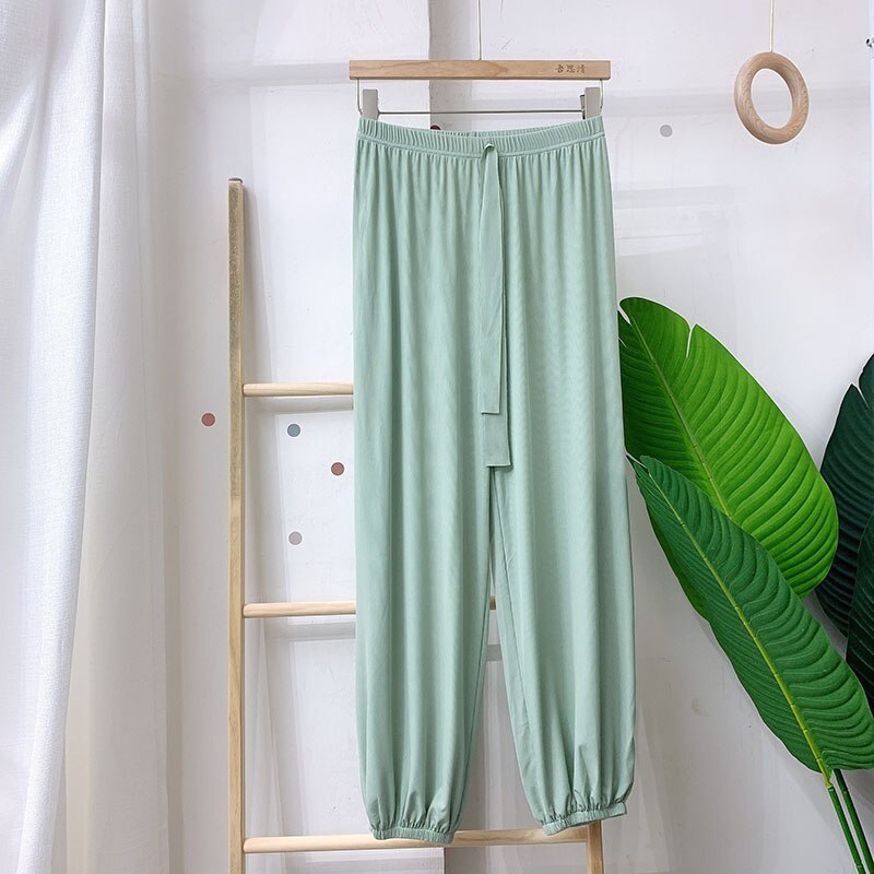 Sanderala-pantalones de dormir de seda de hielo para mujer, ropa interior informal, suelta, con cintura elástica, de punto, con cordón: Green