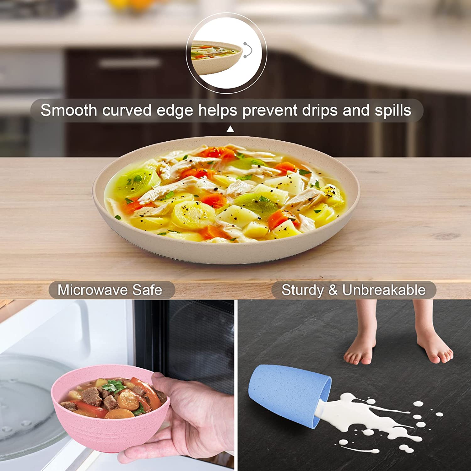 12pcs Wheat Straw Dinnerware Sets Bowl+Plate+Cup Tableware BPA Free Kids Dishes Baby Eating Dinnerware Set Unbreakable Bowls