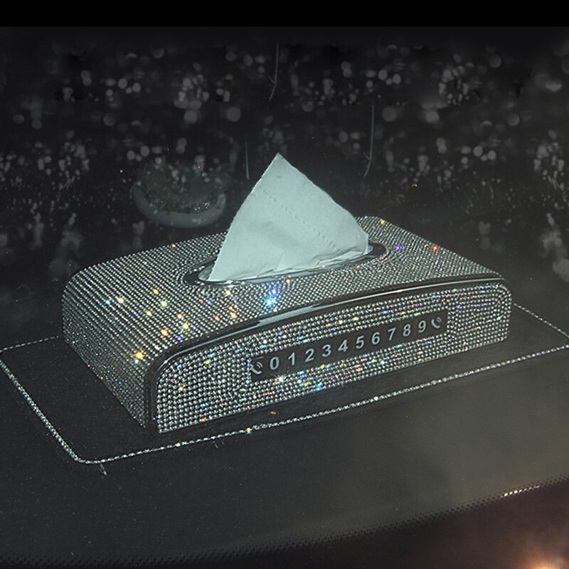 Diamond Tissue Box Holder for Car Leather Crystals Paper Towel Cover Case with Number Card Car Interior Accessories