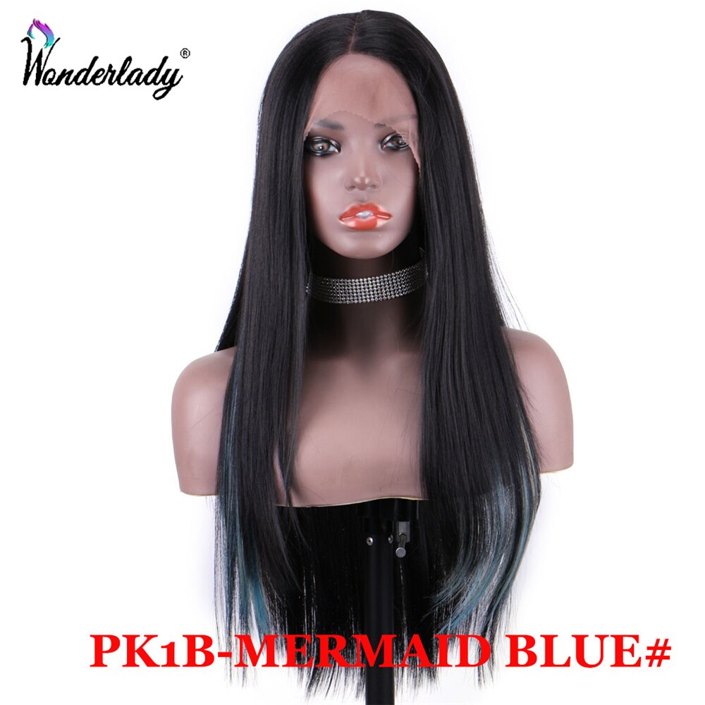 WonderLady-Peluca de encaje para mujer, pelo largo Yaki, sintético, liso, marrón y negro, frontal, color azul y morado: PK1B-MERMAID BLUE