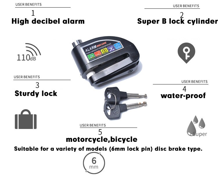 Motorcycle Anti-theft Lock Bicycle Steel Lock Super Class B Aluminum Lock Bicycle Disc Brake Lock High Decibel Alarm Waterproof