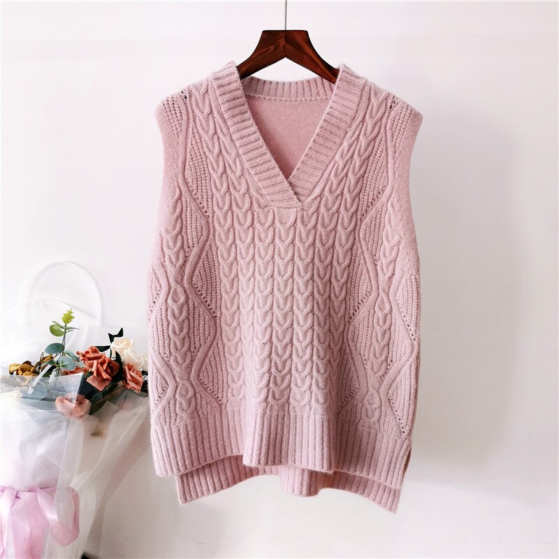 Korean Style Outer Wear Vest Spring Women's Vest Short Trend Knitted Sweater Waistcoat Vest: Pink