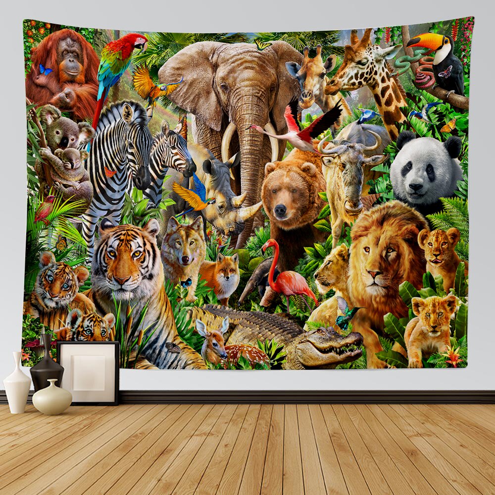Forest Animal World Tapestry Tiger Lion Elephant Deer Koala Panda Tropical Rainforest Wall Hanging Tapestries for Bedroom Yoga