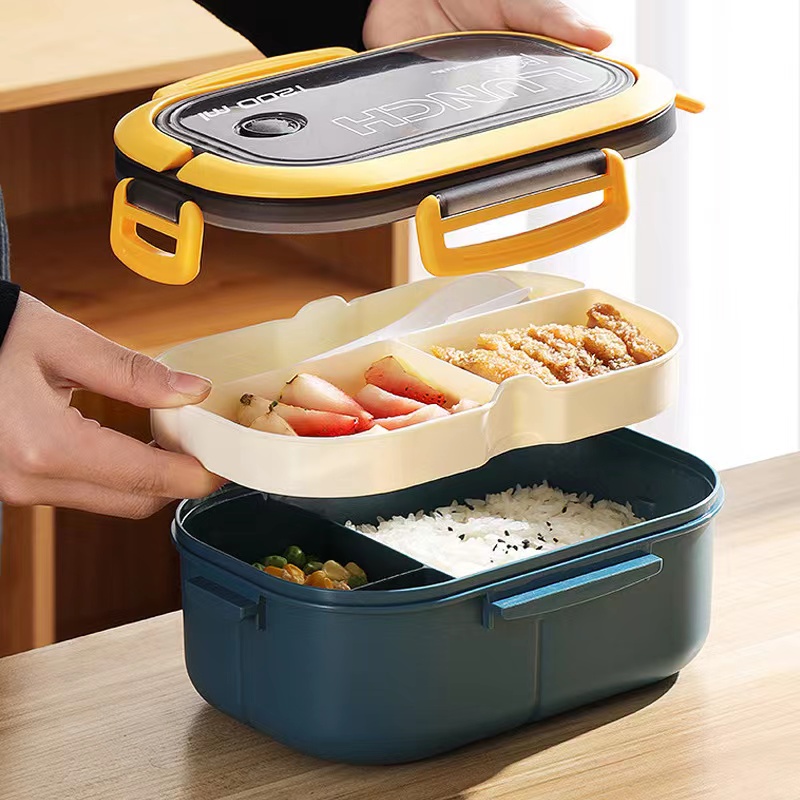 Fiambrera Bento de 2 capas con cuchara y tenedor para niños, contenedores de comida de Microwae de alta capacidad, portátiles, a prueba de fugas, para oficina y Camping, 1200ML