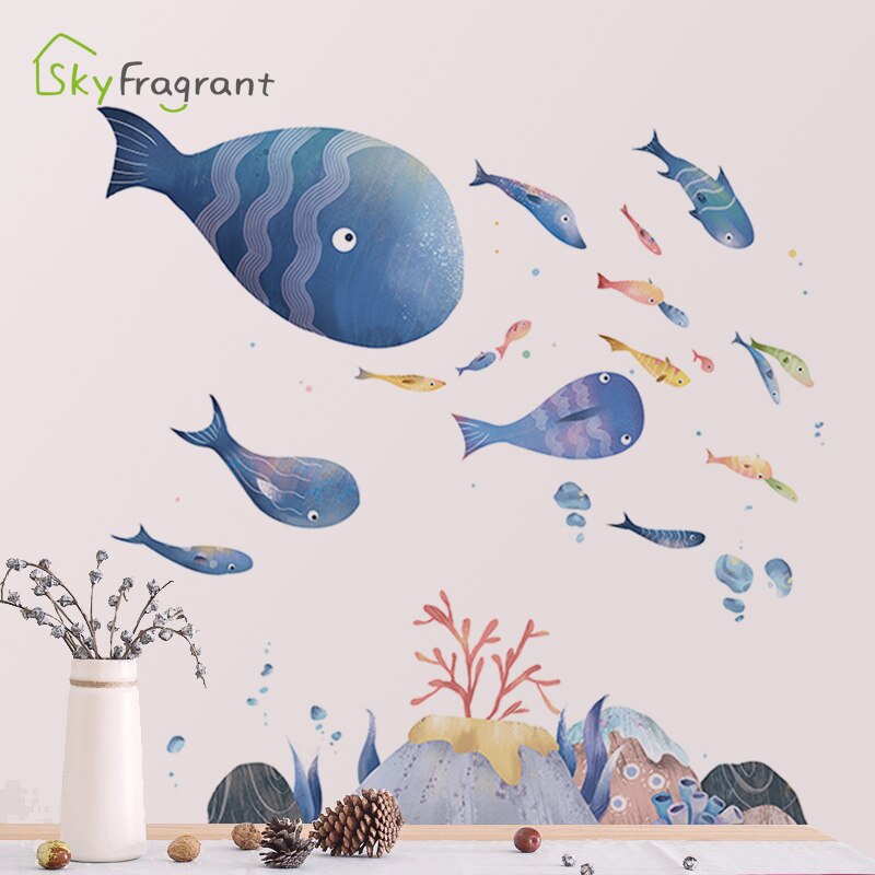 Cartoon underwater world wall sticker ocean cute fish kids room decoration stickers bathroom self-adhesive home bedroom decor