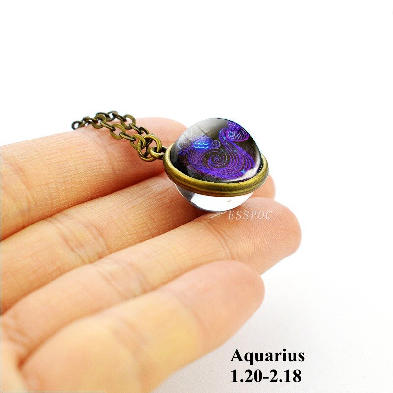 Regalo di compleanno 12 Costellazione Zodiacale Collana Doppio Lato della Sfera di Vetro Del Pendente Della Collana per Le Donne Astrologia Gioielli: Aquarius
