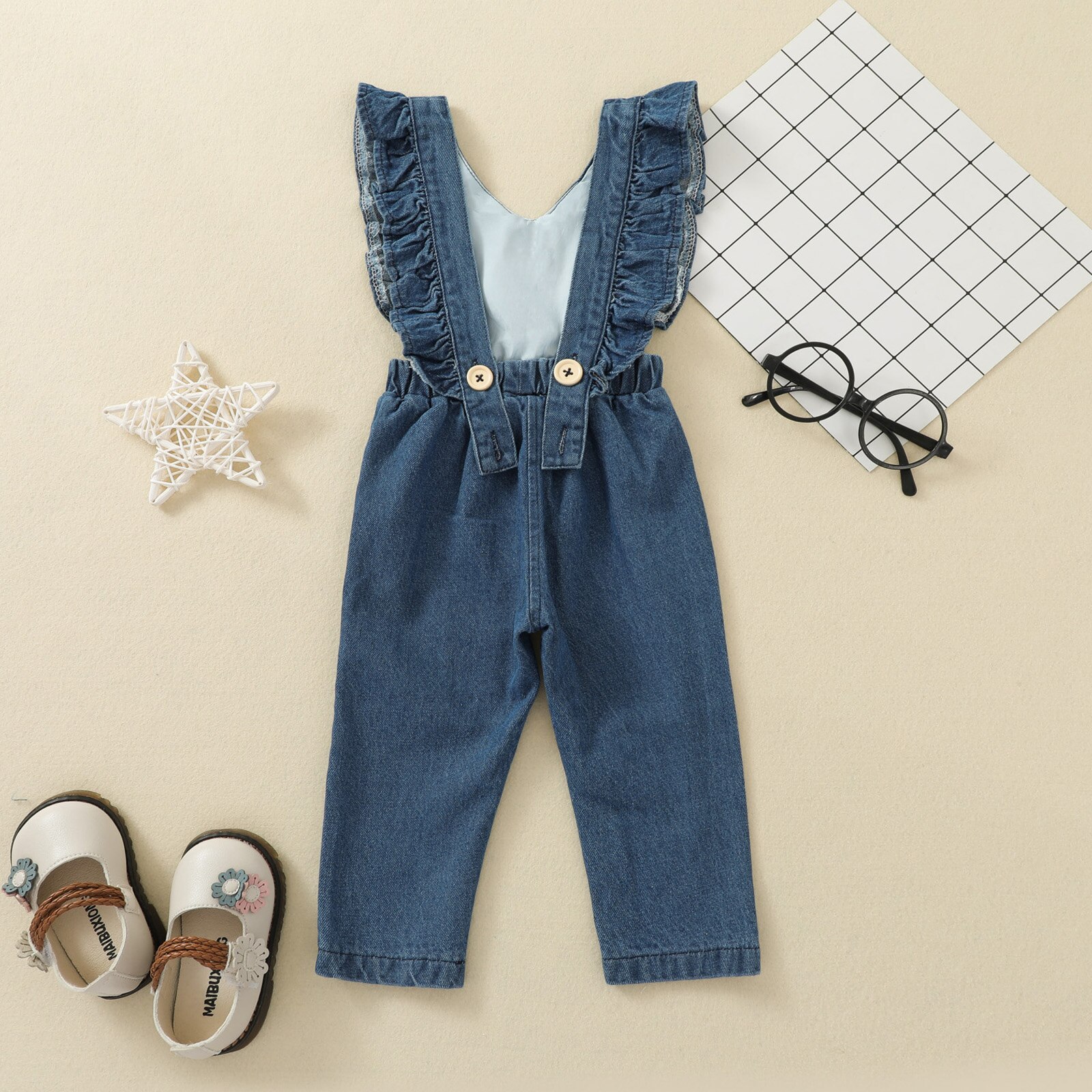 Pantalones siameses de verano para niños, Mono vaquero de Color sólido con volantes, cuello en V, sin mangas, Espalda descubierta, monos para niñas