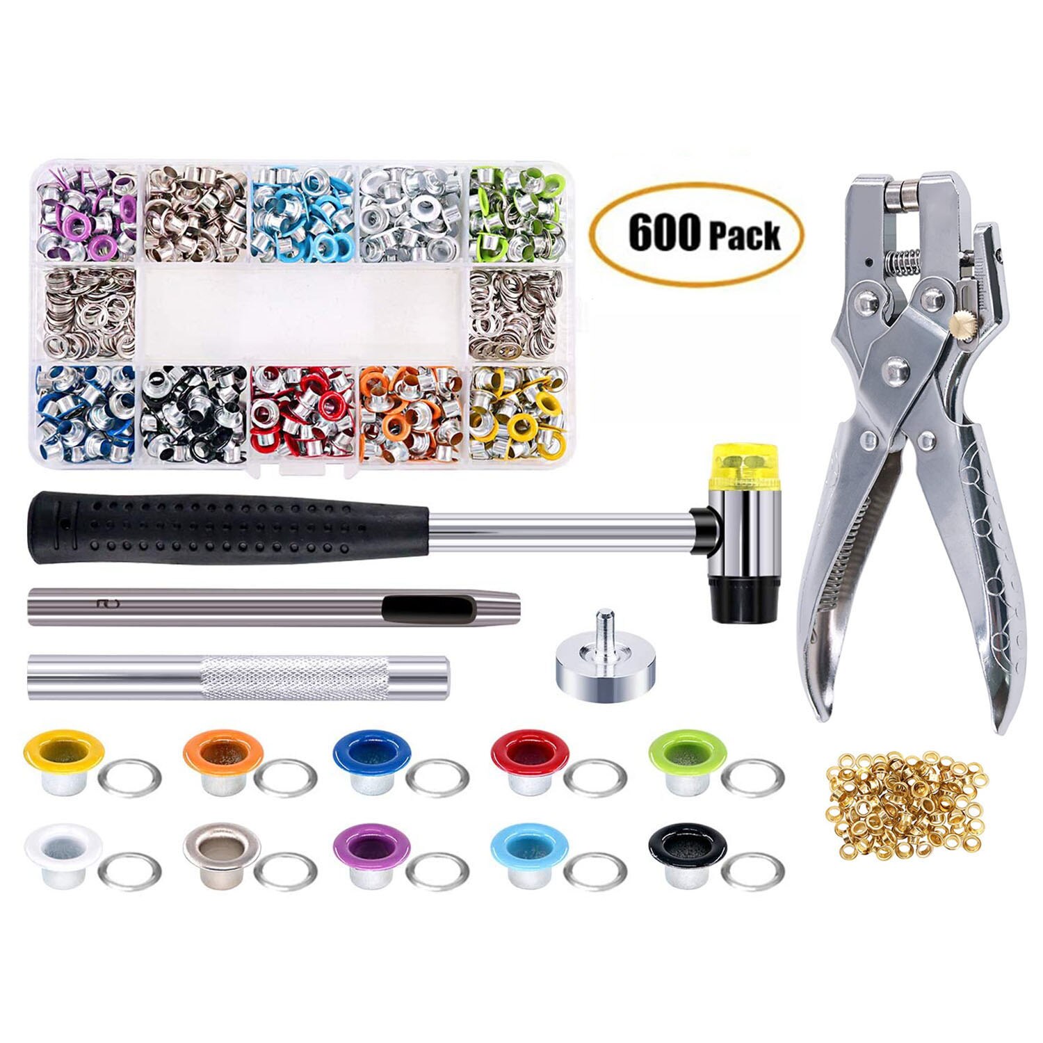 500 Sets Grommet Kit,Grommet Setting Tool Metal Eyelets Set with Install Tool Kit in Storage Box ,Leather Crafts DIY Projects: 600 Pcs A