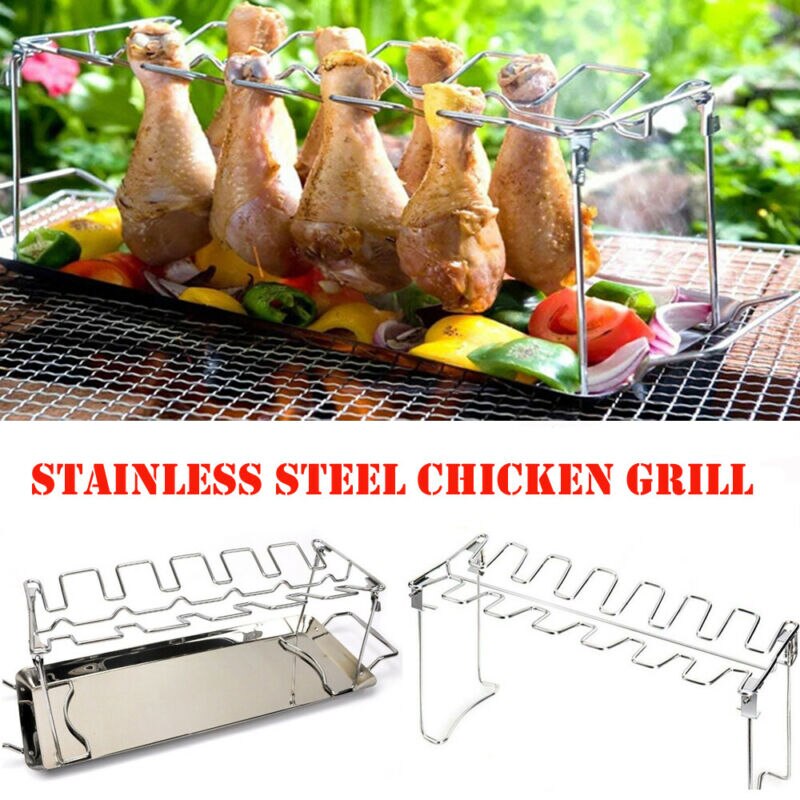 Rustfrit stål kyllingebenstativ grillholderstativ med drypbakke til grill multifunktionelt kyllingebensovngrillestativ