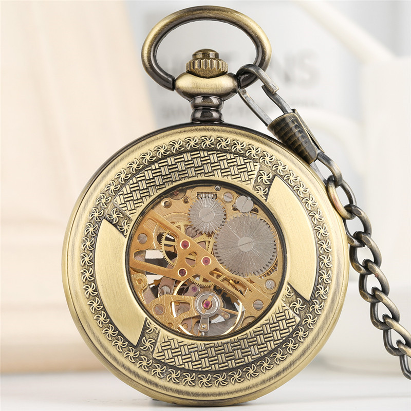 Antike leuchtende Zifferblatt mechanische Taschenuhr Bronze Hohlrad Unisex Handaufzug Uhr Steampunk Anhänger Kette Reloj