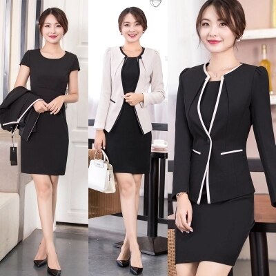 Women Autumn And Winter Blazer Dress Suits Short Sleeve Blazer and Short Sleeve Dress Career Office Suit