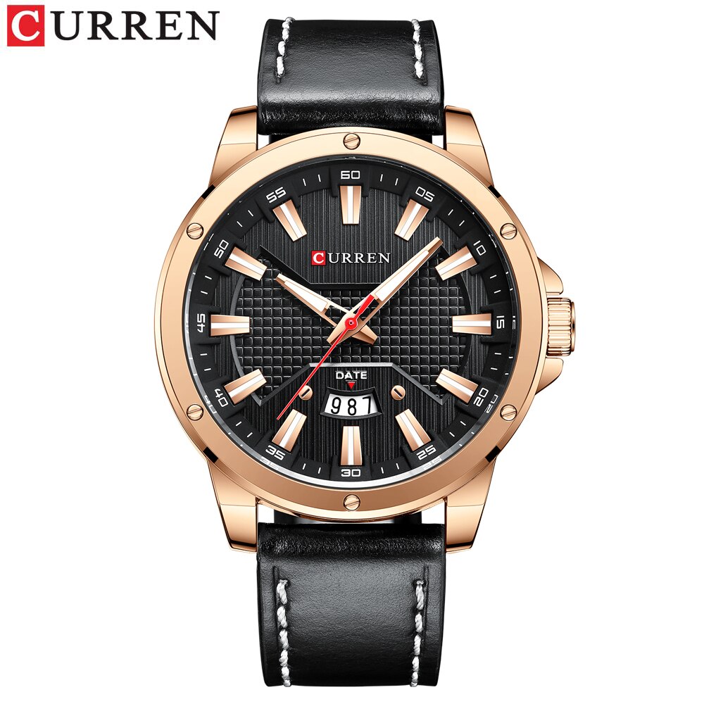Curren quartz ur til mand læder armbåndsure casual ur med dato relogio masculino: Sort rose ure