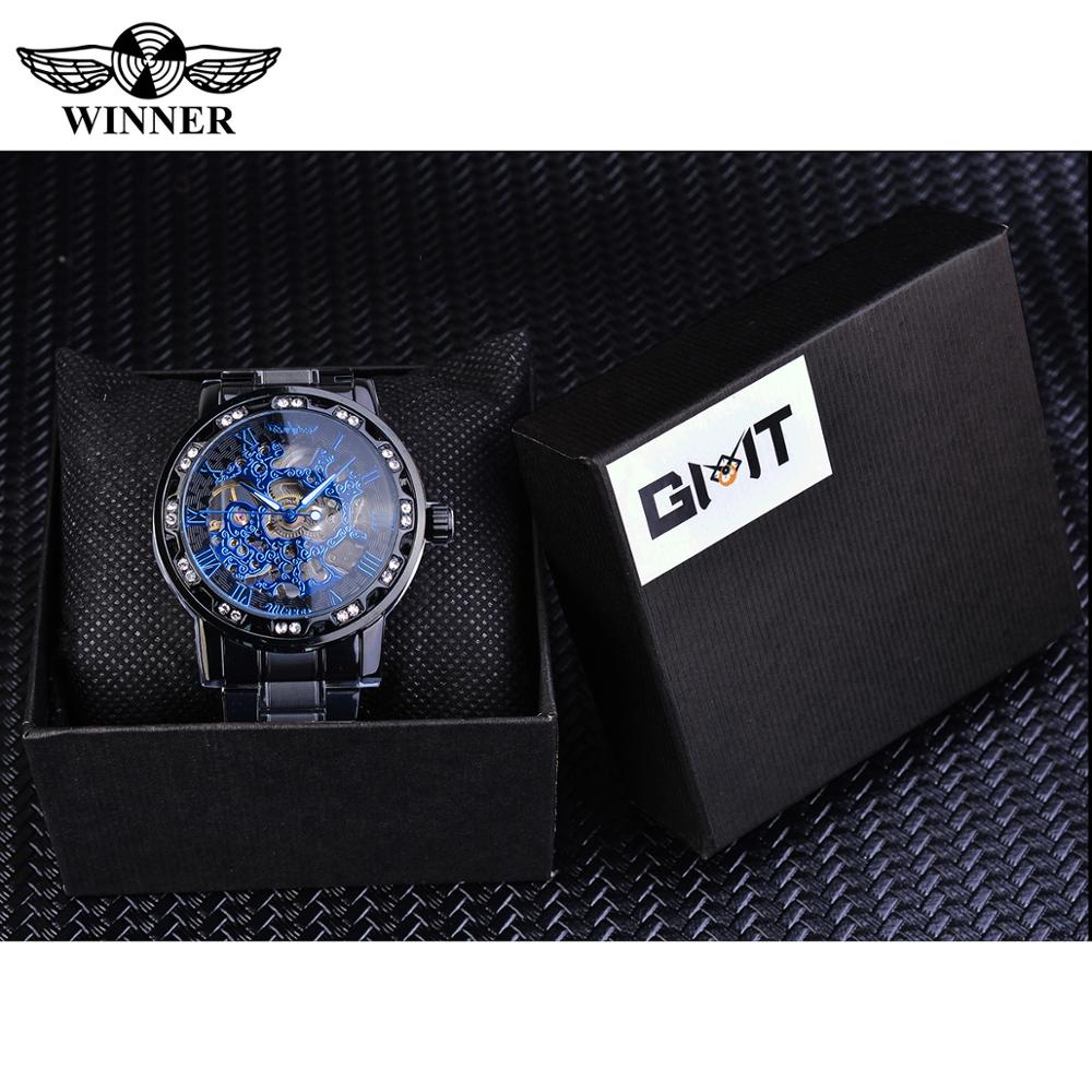 Winnaar Classic Blue Mens Mechanische Horloges Romeinse Zwart Roestvrij Stalen Band Rhinestone Skeleton Hand Wind Bedrijvengids Horloge Klok