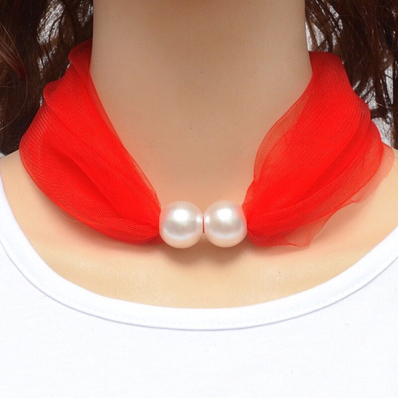 Spring Net Yarn Pearl Scarf Necklace Women Choker Party Jewelry Pure Color Scarf Necklaces: Red