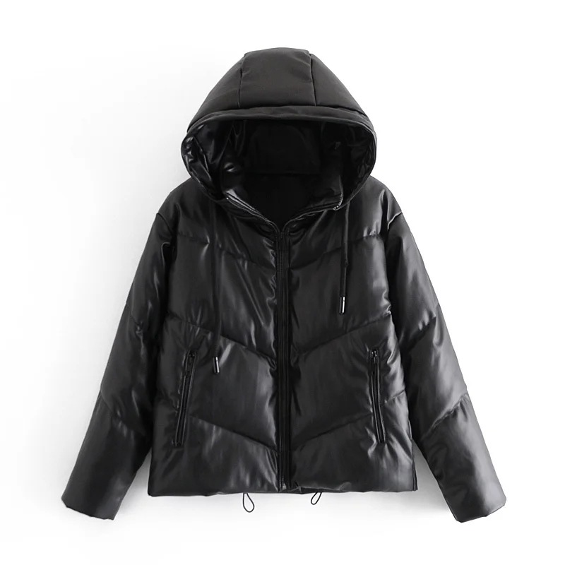 Dames wintermode verdikte parka's dame overmaat PU-jas met capuchon in effen kleur: L / Black