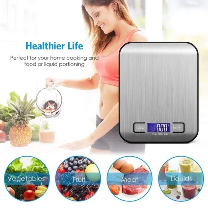 Display LCD da 5/10 kg Bilancia elettronica da cucina digitale Pannello in acciaio inossidabile Ricarica USB Bilancia precisa con piattaforma piccola portatile