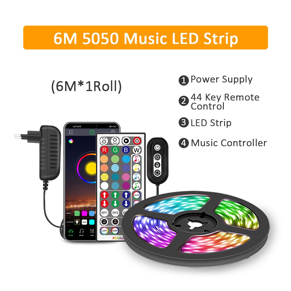 Suntech led lys striper, bluetooth musikk synkronisering farge fleksibel rgb 5050 diode tape, led lys innebygd mikrofon for fest, jul: 6m musikksett