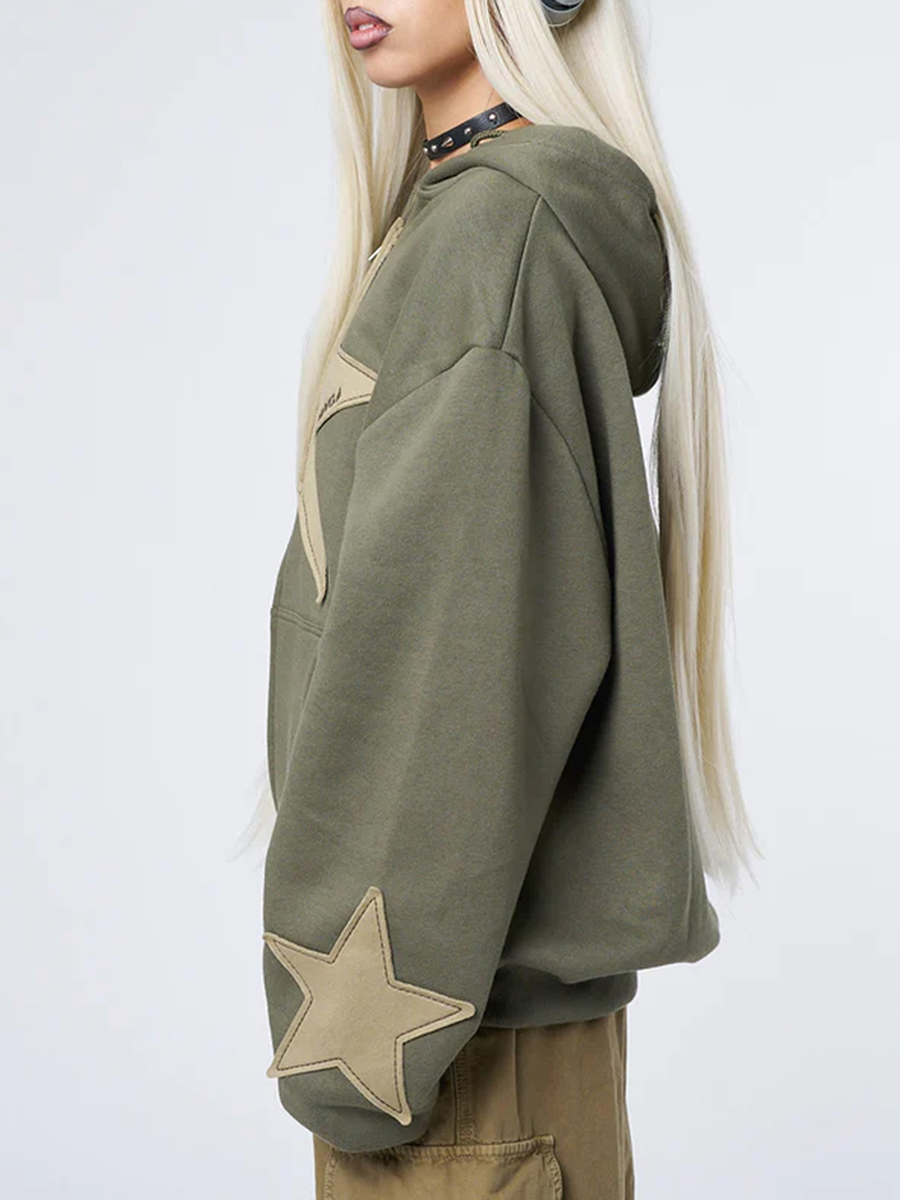 Y2K-Sudadera con capucha con estampado de estrellas Vintage para mujer, sudaderas informales holgadas de manga larga con cremallera y cordón, abrigo de calle para otoño y primavera