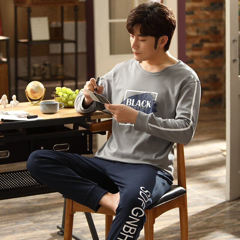 Brief Print Pyjama Mannelijke Herfst Pure Volledige Katoen Pyjama Set Voor Mannen Nachtkleding Pak Homewear Nachtkleding Lange Mouw Pijama Hombre