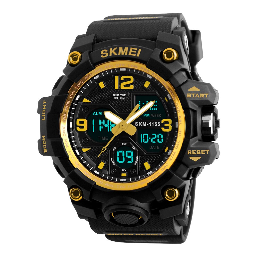 50M Waterdichte Heren Sport Digitale Horloge Analoge Digitale Horloge Met Dual Time Display El Backlight Chrono Alarm: Golden