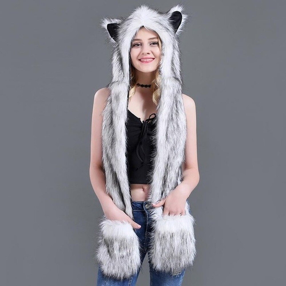 Women Animal Hat Ear Flaps Hand Pockets Warm Winter Faux Fur Hat Fluffy Plush Cap Hood Scarf Shawl Glove