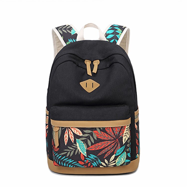 OKKID leinwand schule Rucksack für mädchen blatt aufbringen leichte schule taschen frauen lässig reise Sport Rucksack Schüler buch tasche: Schwarz