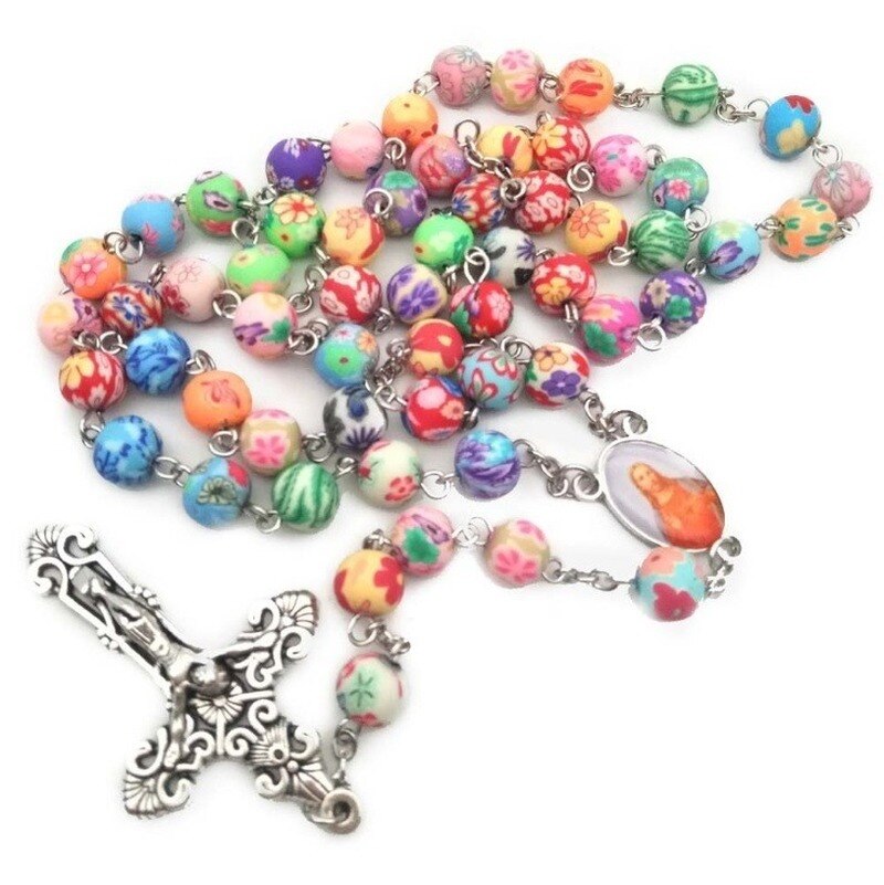 Catholic Rosary Necklace Colorful Soft Pottery Beads Cross Necklace Beads Bracelet Religious Jewelry