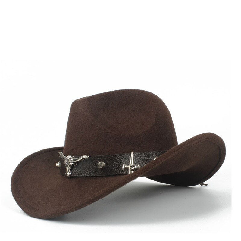 100% Wool Women Men Hollow Western Cowboy Hat With Tauren Belt Winter Outback Jazz Toca Sombrero Cap Size 56-58CM: Coffee