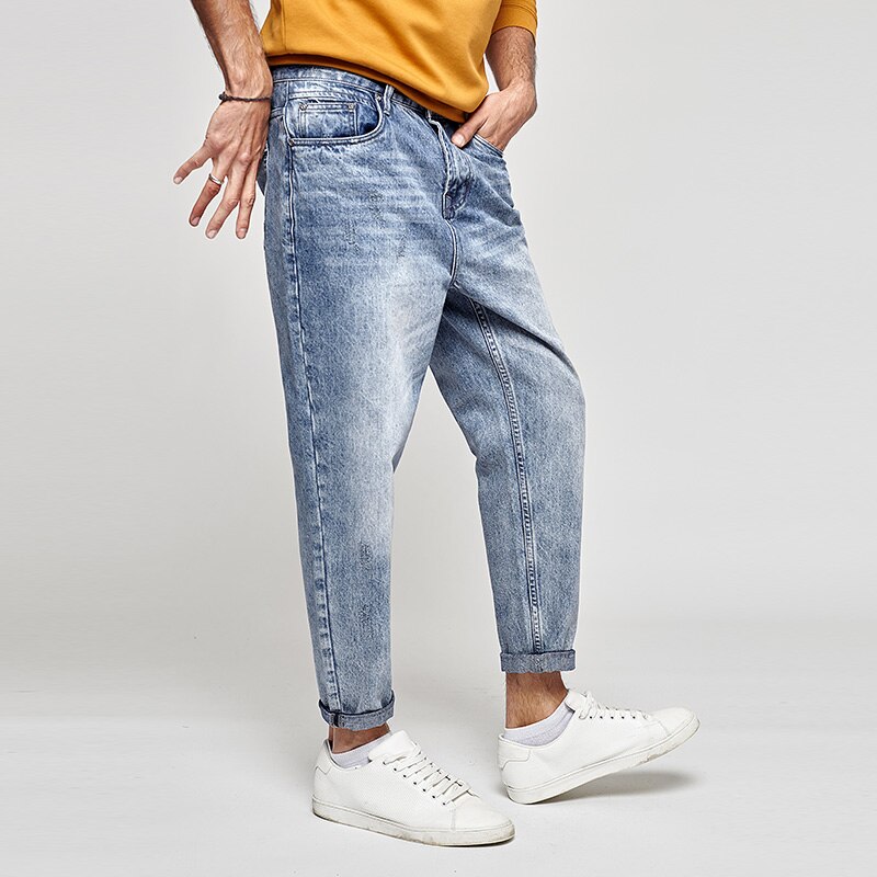 KUEGOU 100% Cotton Autumn Spring Loose Tapered jeans loose ankle-length Men Harem Pants Blue Trousers Plus Size KK-2903