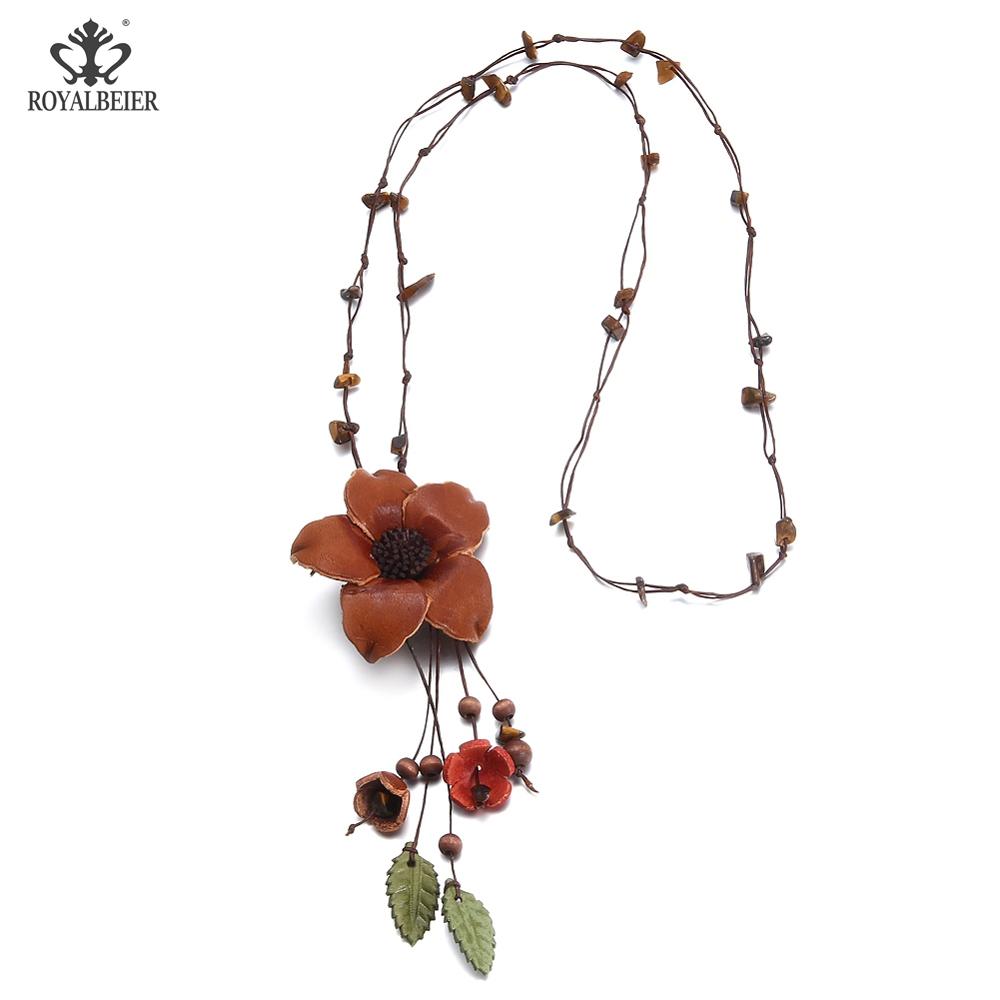 RoyalBeier 5 Kleuren Leer lucky Bloem Leaf Lange Hanger Ketting Bohemian Stijl Lederen Ketting Lange Vrouwen Ketting XL0148: XL0149b