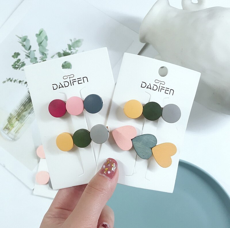 2 unids/lote Vintage de madera colorida pinzas de pelo para mujeres geométrico forma de corazón redonda de horquilla de pelo accesorios estilo
