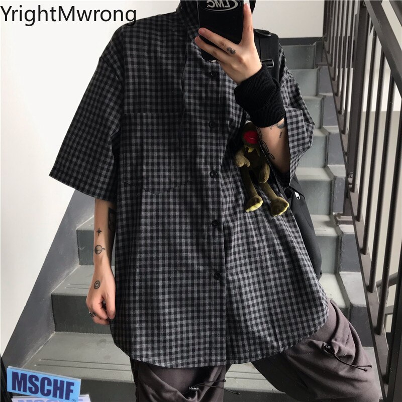 Streetwear Harajuku Woman Man Korean Button Up Short Sleeve Pocket Plaid Shirt Hip Hop Blouse Summer Casual Plus Size T